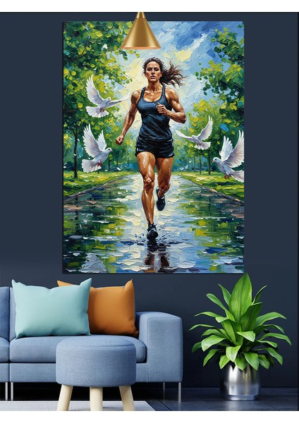 Yağmurda Koşan Atletik Genç Kadın Dekoratif Kanvas - Mdf Ahşap Tablo fiyatları