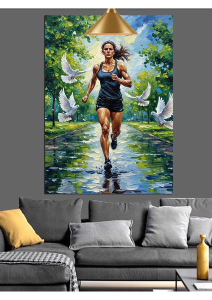 Yağmurda Koşan Atletik Genç Kadın Dekoratif Kanvas - Mdf Ahşap Tablo fırsatları