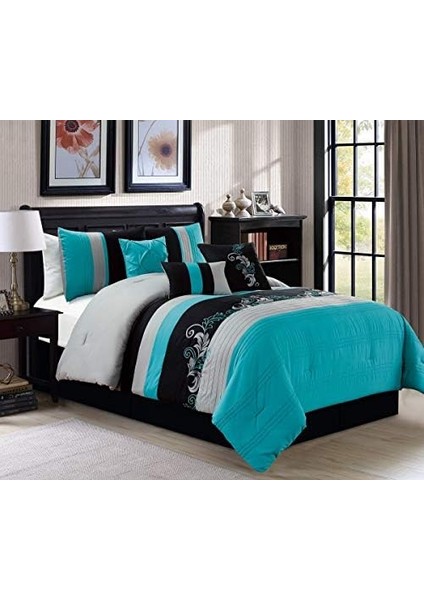 Napa 7 Parça Lüks Yapraklar Kıvrımlı Nakış Yatak Yorgan Seti (Kraliçe, Cam Göbeği Mavisi/gri/siyah) modelleri