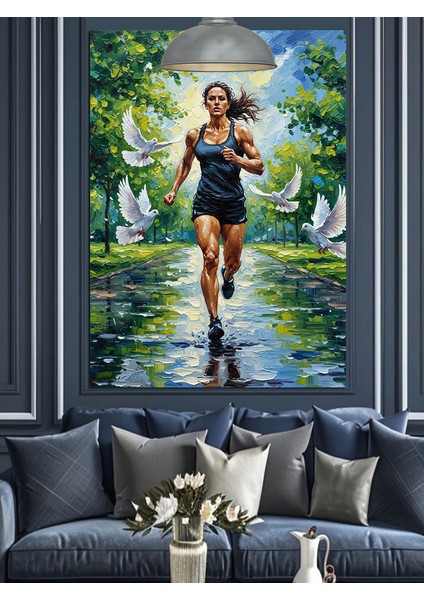 Yağmurda Koşan Atletik Genç Kadın Dekoratif Kanvas - Mdf Ahşap Tablo indirimleri