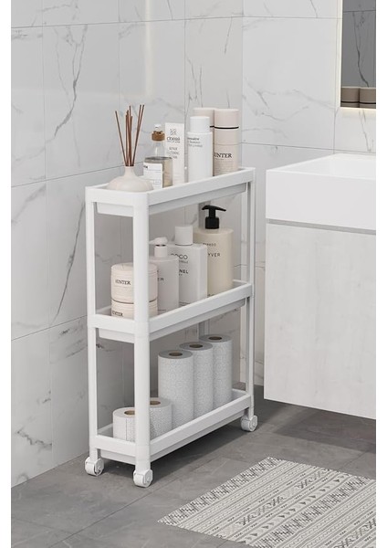 Life 3 Katlı Tekerlekli Slim Ince Beyaz Banyo Mutfak Rafı MIT1125