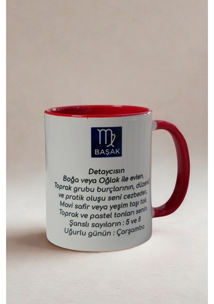 Başak Burcu Kupa Bardak | Burçlara Özel Porselen Kupa | Kırmızı Iç Renkli Hediye Kupa | Astrolojik Tasarım Kahve Kupası