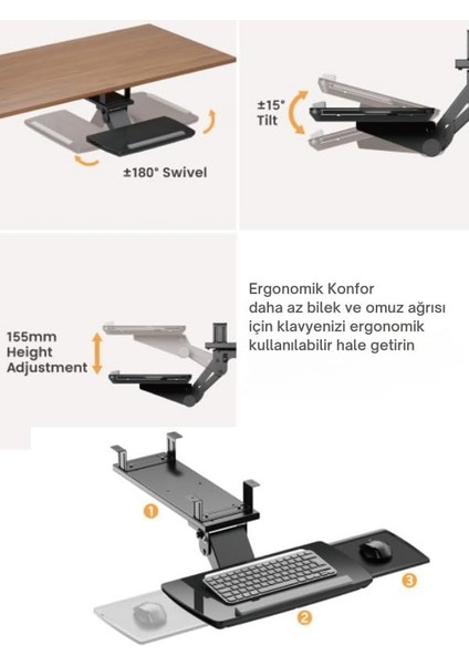 Masa Altı Çekilebilir Ayarlanabilir Klavye Rafı modelleri