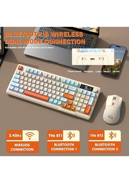 T96 2.4g Bt5.0 Çift Bağlantılı Tft LED Ekranlı Reinbow Gaming Oyuncu Klavye Mouse Set modelleri