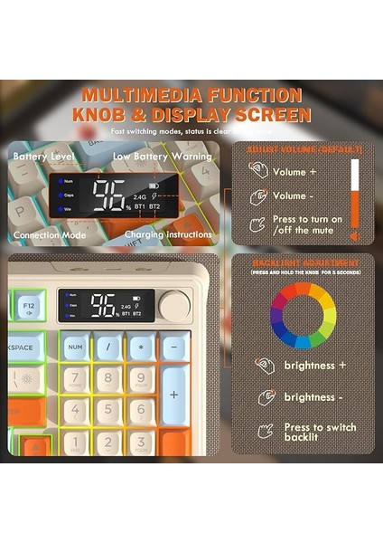 T96 2.4g Bt5.0 Çift Bağlantılı Tft LED Ekranlı Reinbow Gaming Oyuncu Klavye Mouse Set