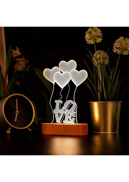 Yazılı Kalpli 3D LED Lamba USB Bağlantılı Sarı Işık