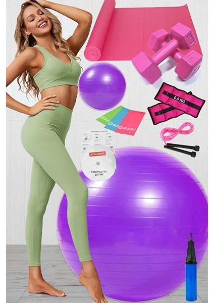 12 Li Pilates Seti Topu 3 Lü Pilates Bandı Lastiği Dambıl Minder Atlama Ipi Bilek Ağırlık