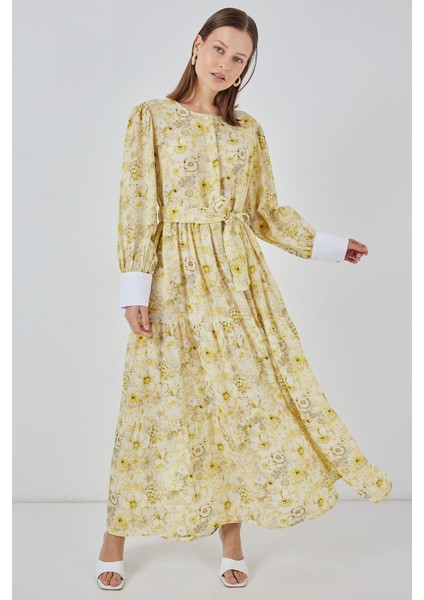Kadın Bdart Viskon Karışımlı Düğmeli Desenli Maxi Elbise Kehribar Sarısı