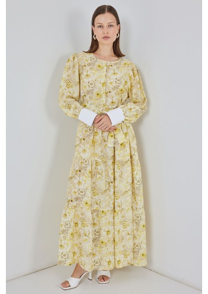 Kadın Bdart Viskon Karışımlı Düğmeli Desenli Maxi Elbise Kehribar Sarısı fiyatları