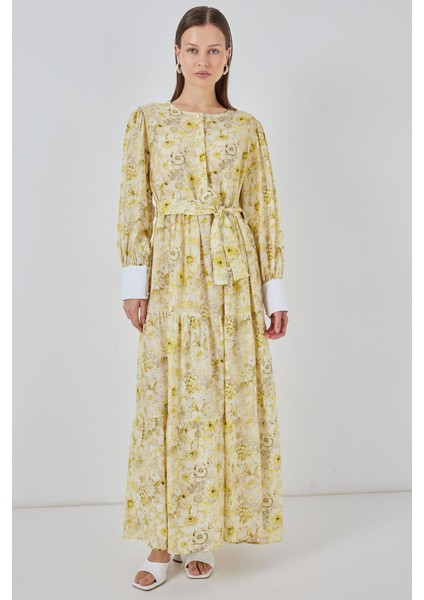 Kadın Bdart Viskon Karışımlı Düğmeli Desenli Maxi Elbise Kehribar Sarısı modelleri