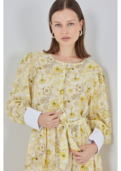 Kadın Bdart Viskon Karışımlı Düğmeli Desenli Maxi Elbise Kehribar Sarısı fırsatları