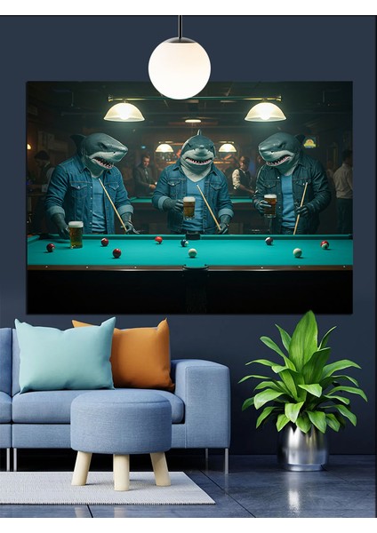 Köpekbalıkları Bilardo Oynuyor Dekoratif Kanvas - Mdf Ahşap Tablo fiyatları