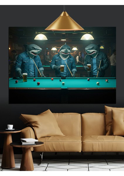 Köpekbalıkları Bilardo Oynuyor Dekoratif Kanvas - Mdf Ahşap Tablo modelleri