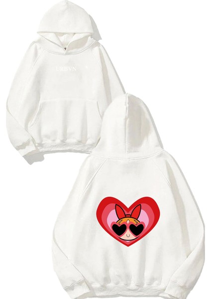 Love Power Puff Tasarım Baskılı Oversize Beyaz Kapüşonlu Sweatshirt