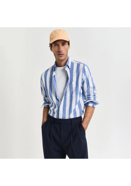 Erkek Mavi Regular Fit Düğmeli Yaka Çizgili Gömlek