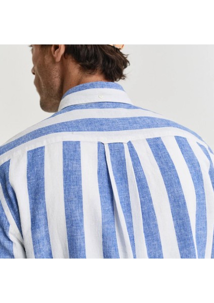 Erkek Mavi Regular Fit Düğmeli Yaka Çizgili Gömlek modelleri