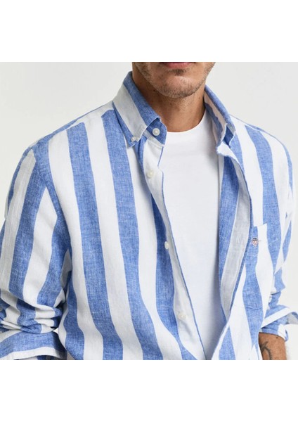 Erkek Mavi Regular Fit Düğmeli Yaka Çizgili Gömlek