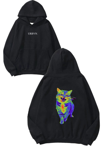 Thermal Cat Tasarım Baskılı Oversize Siyah Kapüşonlu Sweatshirt