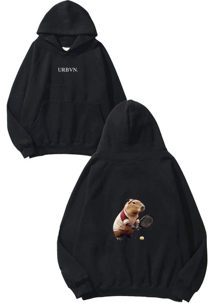 Capybara Tennis Tasarım Baskılı Oversize Siyah Kapüşonlu Sweatshirt