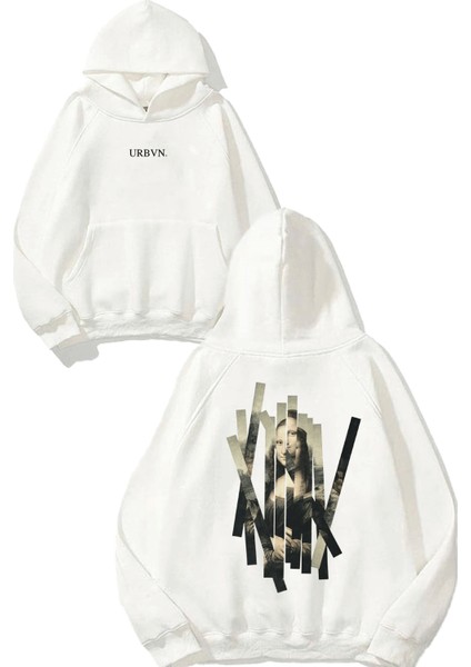 Mona Tasarım Baskılı Oversize Beyaz Kapüşonlu Sweatshirt