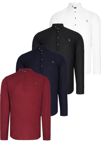 Dörtlü Set G783 Dewberry Hakim Yaka Gömlek-Siyah-Beyaz-Lacivert-Bordo