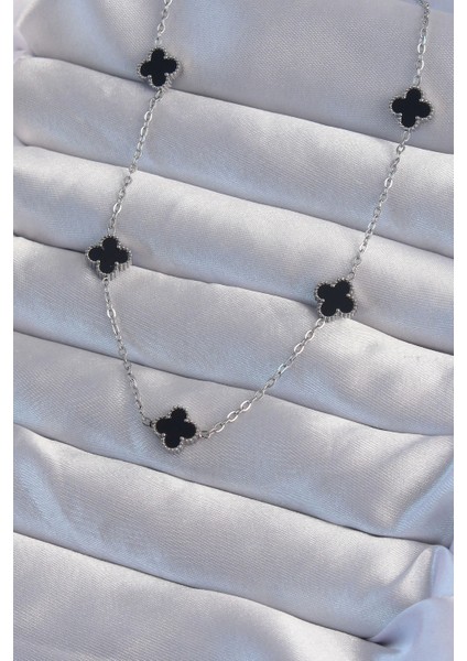 Bfs 316L Çelik Gümüş Renk Minimal Siyah Mineli Yonca Kolye