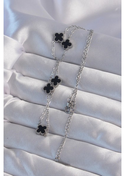 Bfs 316L Çelik Gümüş Renk Minimal Siyah Mineli Yonca Kolye fiyatları