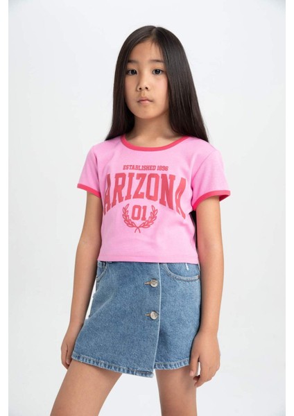 Kız Çocuk Bisiklet Yaka Baskılı Kısa Kollu Tişört C2225A824SM