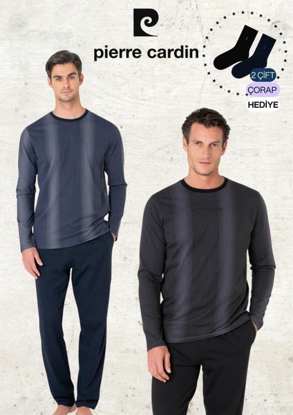 Erkek %100 Pamuk Uzun Kol Çizgi Detaylı Lacivert & Siyah Iki Adet Pijama Takımı L1.PC.6105.002