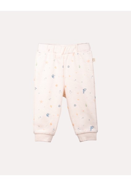 %100 Organik Pamuk Gots Sertifikalı Okyanus Desenli Bebek & Yenidoğan Pantolon - Ekru