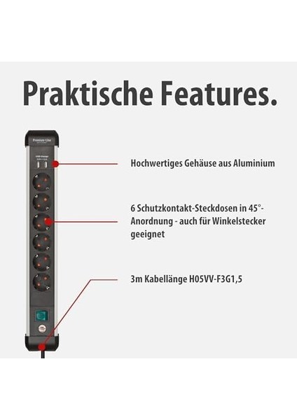 Premium-Alu- Çoklu Priz, Usb/çoklu Priz, 6 Bölmeli, Yüksek Kaliteli (3 M Kablolu ve Şalterli Priz, 2 Bölmeli USB 3,1 A, Almanya'da Üretilmiştir) fiyatları