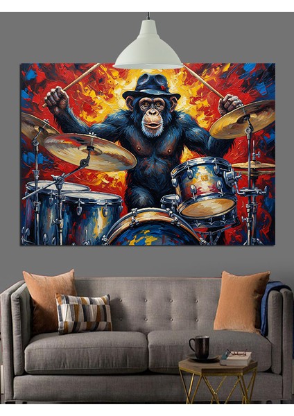 Davul Çalan Goril Müzik Dekoratif Kanvas - Mdf Ahşap Tablo