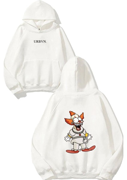 Clown Simpson Tasarım Baskılı Oversize Beyaz Kapüşonlu Sweatshirt