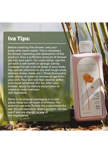 Iva Natura Organik Dinlendirici Duş Jeli Lavanta Özlü, Rahatlatıcı ve Arındırıcı, Parabensiz ve Glutensiz, 350 ml