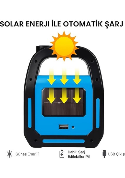 Işıldak Fener | Güneş Enerjili ve USB Şarjlı Kamp Lambası | LED Kamp Feneri El Feneri | Taşınabilir 3 Fonksiyonlu Işık | 300 Lümen 6500K Beyaz Işık | IP44 | Mavi Renk Noas (G Energy) fırsatları