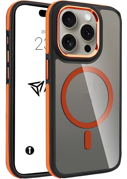 iPhone Magsafe ile Uyumlu Askeri Sınıfta Koruma Sararma Önleyici Çizilmeye Dirençli Sırt Manyetik Telefon Kılıfı (Turuncu, iPhone 14 Pro Max)