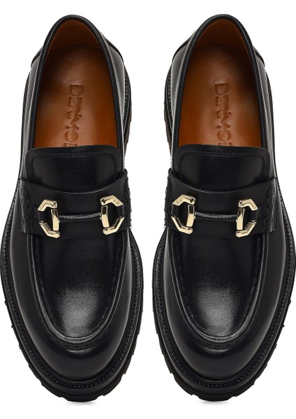 Erkek Siyah Tokalı Kalın Tabanlı Deri Loafer 25WFD740018