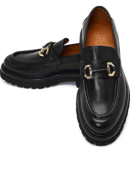 Erkek Siyah Tokalı Kalın Tabanlı Deri Loafer 25WFD740018