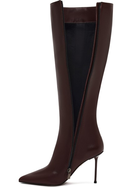 Kadın Bordo Fermuarlı Yüksek Ince Topuklu Deri Çizme 25WFD101618