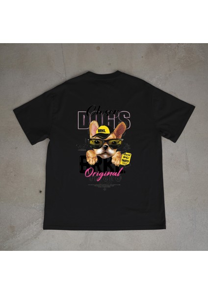 Frenchdog Tasarım Baskılı Siyah Oversize T-Shirt