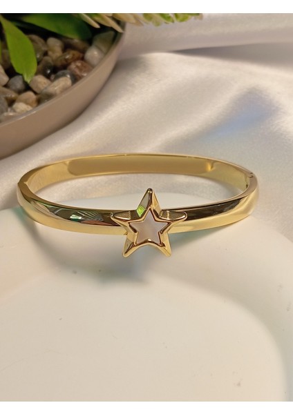 Sedefli Yıldız Detaylı Çelik Kelepçe Bileklik