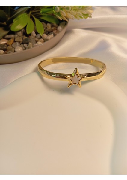 Sedefli Yıldız Detaylı Çelik Kelepçe Bileklik modelleri