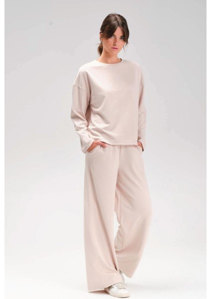 Kadın Uzun Kol Bisiklet Yaka Geniş Paça Ekru Cupra Eşofman Takım C9T3N1