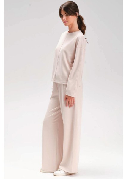 Kadın Uzun Kol Bisiklet Yaka Geniş Paça Ekru Cupra Eşofman Takım C9T3N1 fiyatları