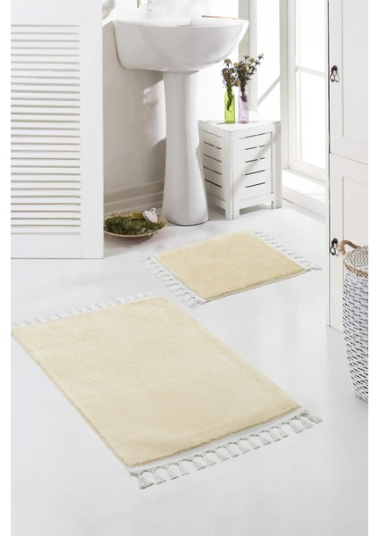 Yıkanabilir Premium Ponpon Saçaklı Kaymaz Taban Post Peluş Banyo Paspası 2'li Takım Bej mt
