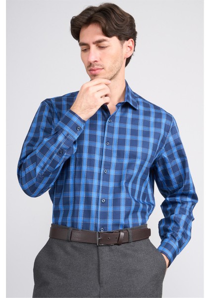 2435 Erkek Uzun Kol Regular Ekoseli Gömlek 128/1 Lacivert-Mavi