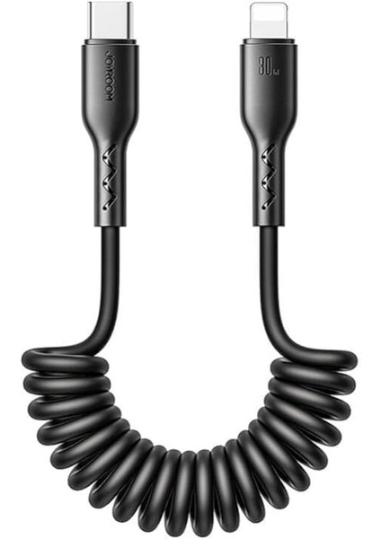 SA38-CL3 Easy-Travel Serisi 30 W Spiral Kablo Tip C Lightning Hızlı Şarj Veri Kablosu, Araç Için, 1,5 M Uzunluk, Siyah