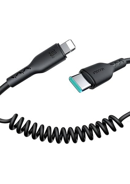 SA38-CL3 Easy-Travel Serisi 30 W Spiral Kablo Tip C Lightning Hızlı Şarj Veri Kablosu, Araç Için, 1,5 M Uzunluk, Siyah fiyatları