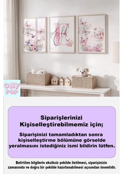 Kelebek ve Çiçek Temalı Kişiye Özel Isimli 3'lü Çocuk Odası Dekoratif Poster Seti - Çerçevesiz