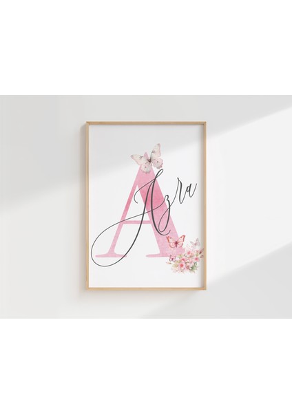 Kelebek ve Çiçek Temalı Kişiye Özel Isimli 3'lü Çocuk Odası Dekoratif Poster Seti - Çerçevesiz modelleri